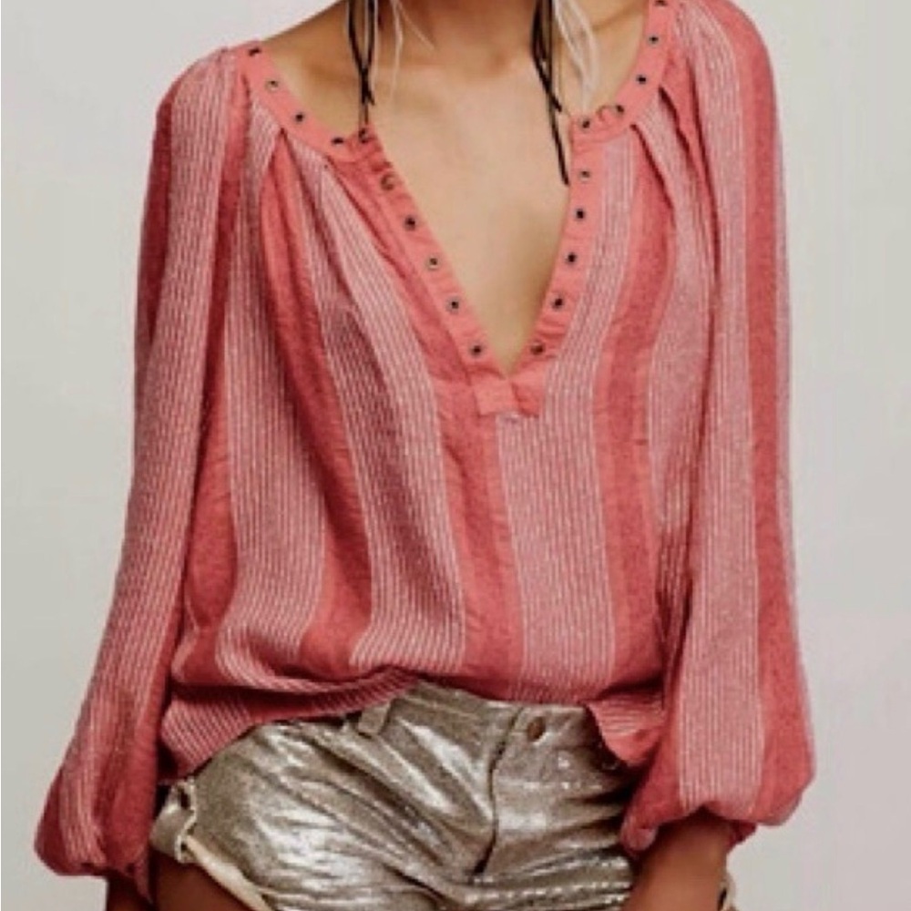 Free People Against All Odds Grommet Long Sleeve Balloon Sleeve Blouse L